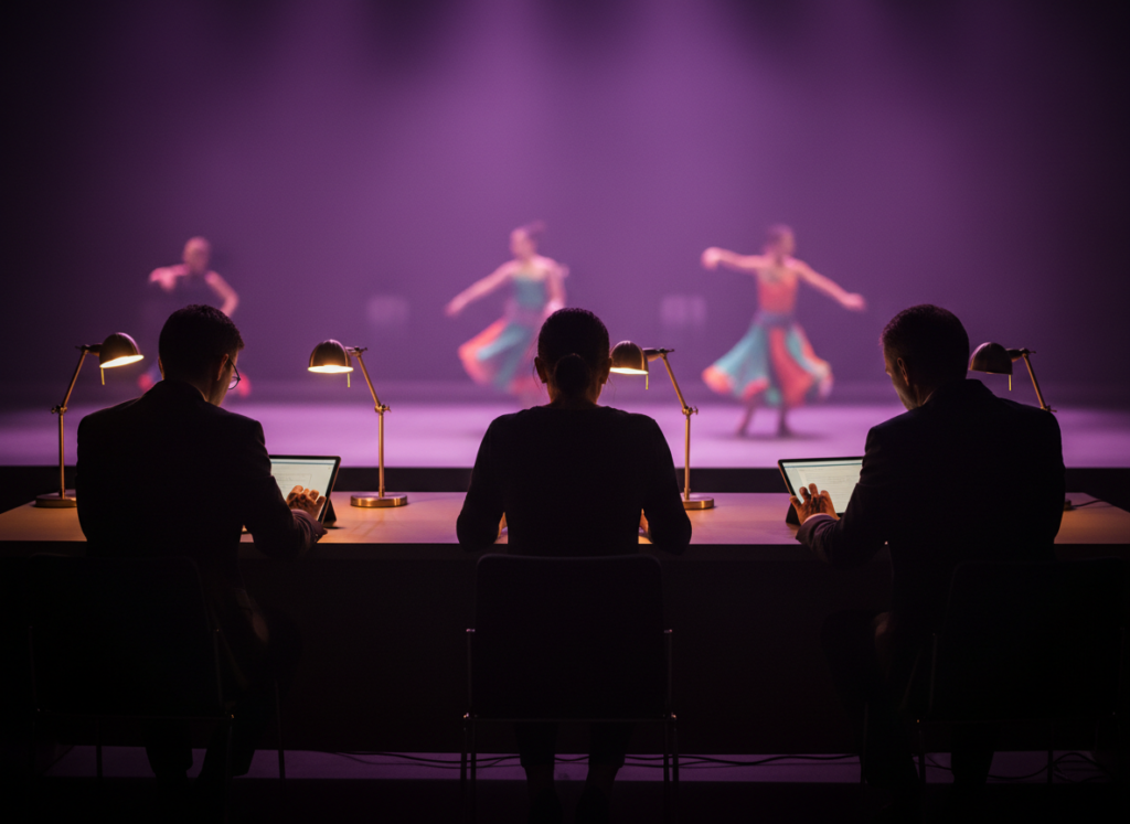Tres jueces puntuando desde sus tablets en la mesa del jurado mientras una actuación de danza tiene lugar en el escenario
